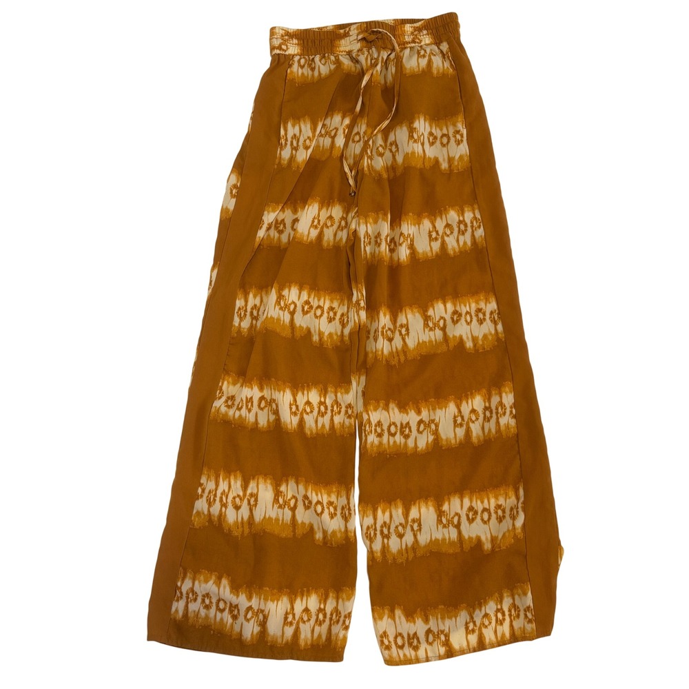 HM Mustard Yellow Tie Dye Wide Leg Pants Drawstring Elastic Waist Chiffon Size 6